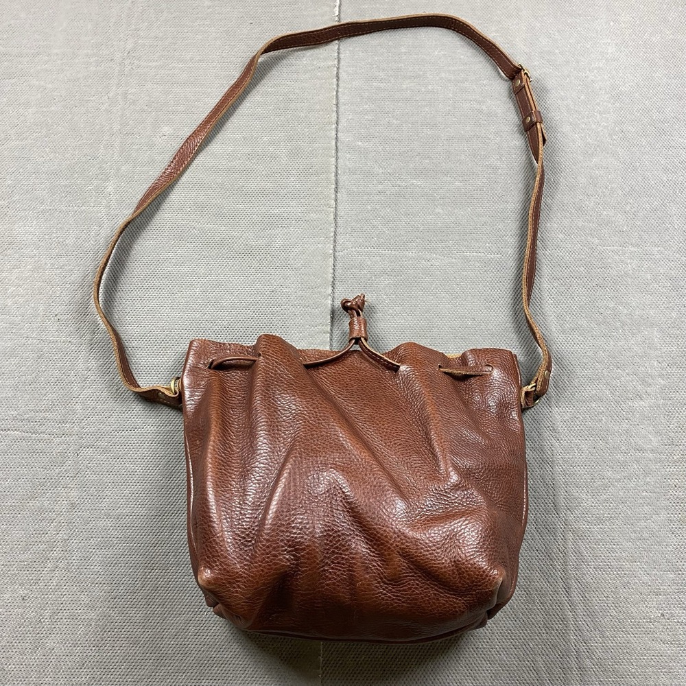 Portland Leather Goods Brown Pebbled Bucket Drawstring Bag Adjustable Crossbody